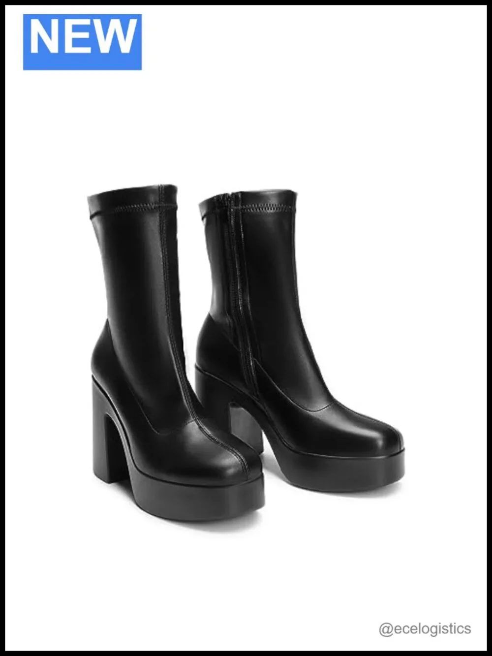 Chunky Block Heel Ankle Boots - Square Toe Platform Booties - Stretch PU Upper